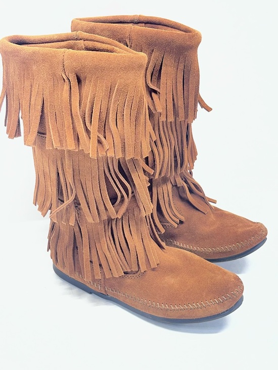 Minnetonka Shoes - Minnetonka Triple Fringe Suede Moccasin Boots in Tan Brown Bohemian Boho